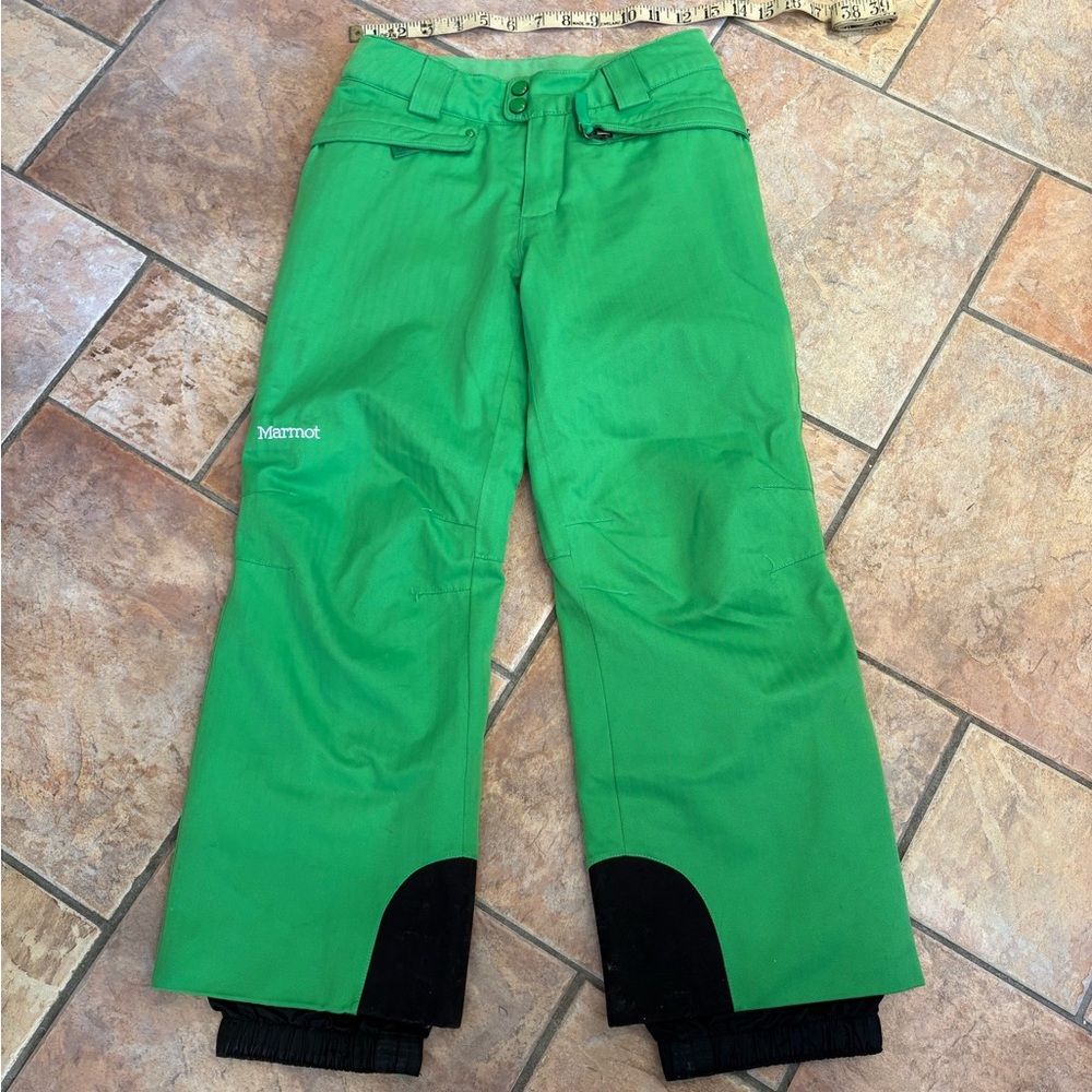 Marmot Bright Green Kids' ski pants with Black Cuffs
